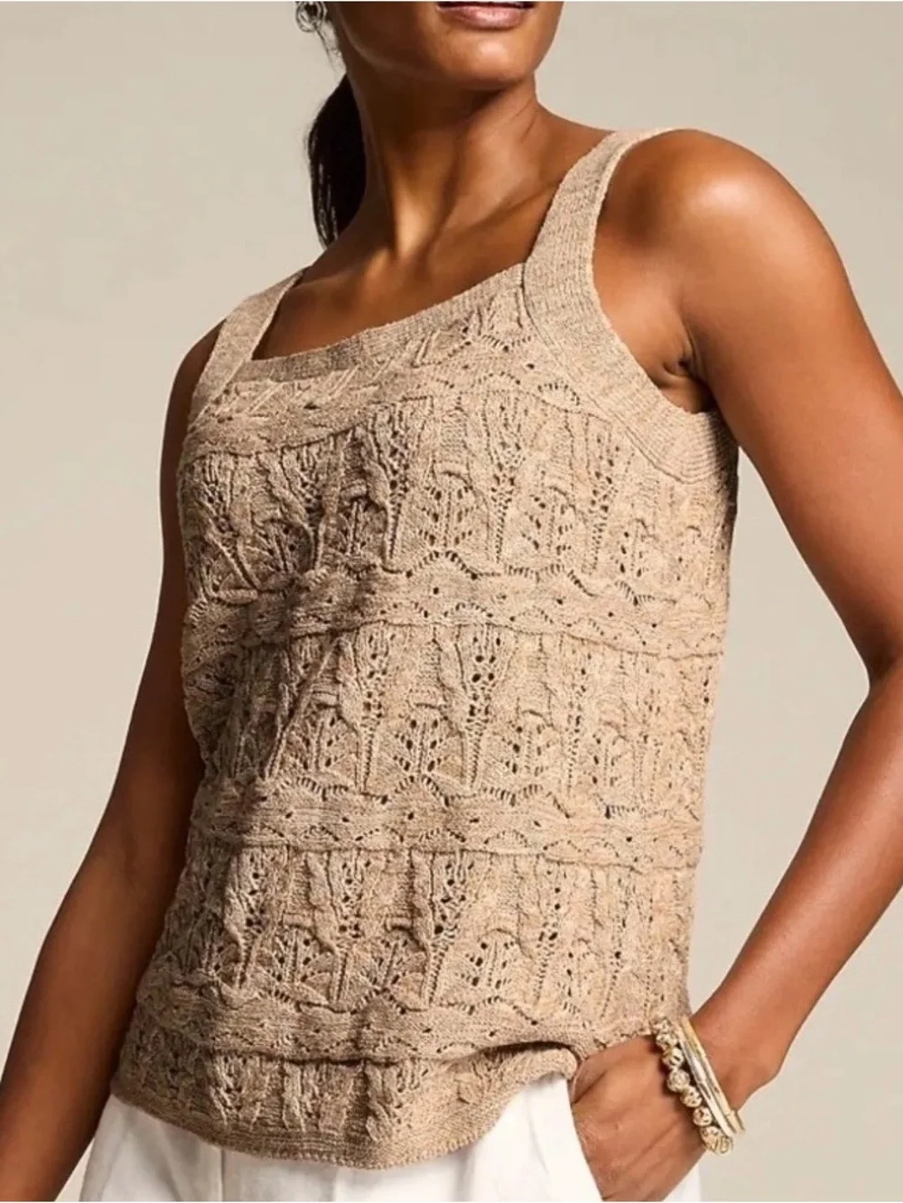 J. Jill Beige Knit Lace-Pattern Sweater top Pointelle Square Neck Tank Fall Top